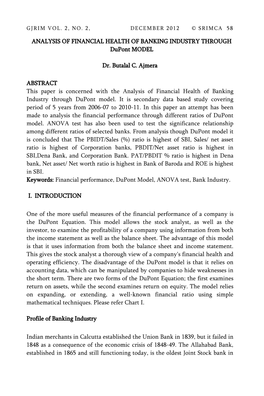 ANALYSIS of FINANCIAL HEALTH of BANKING INDUSTRY THROUGH Dupont MODEL