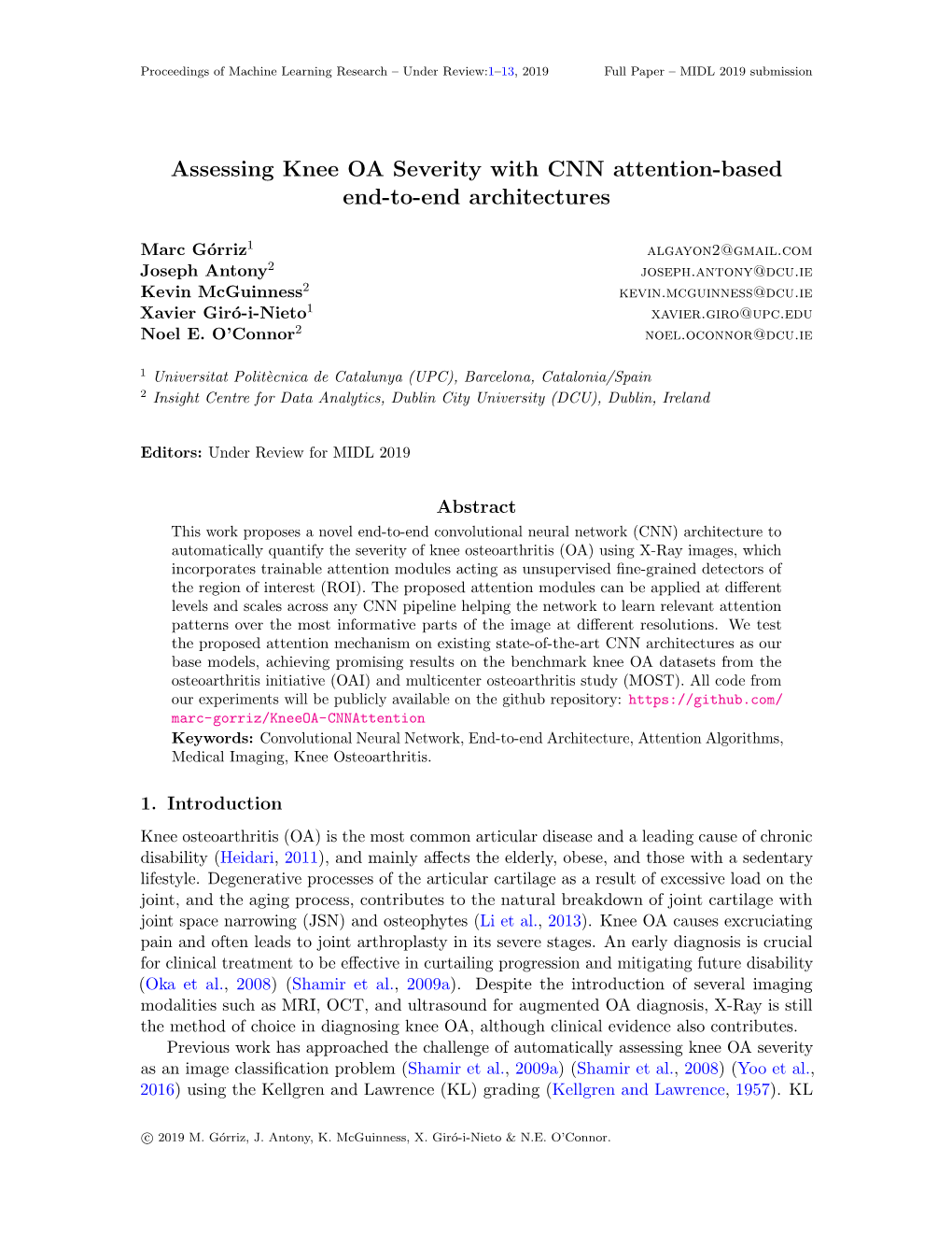 Assessing Knee OA Severity with CNN Attention-Based End-To-End Architectures