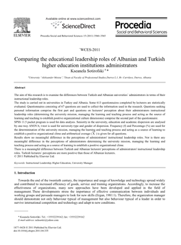 Comparing the Educational Leadership Roles of Albanian and Turkish Higher Education Institutions Administrators Kseanela Sotirofski a *