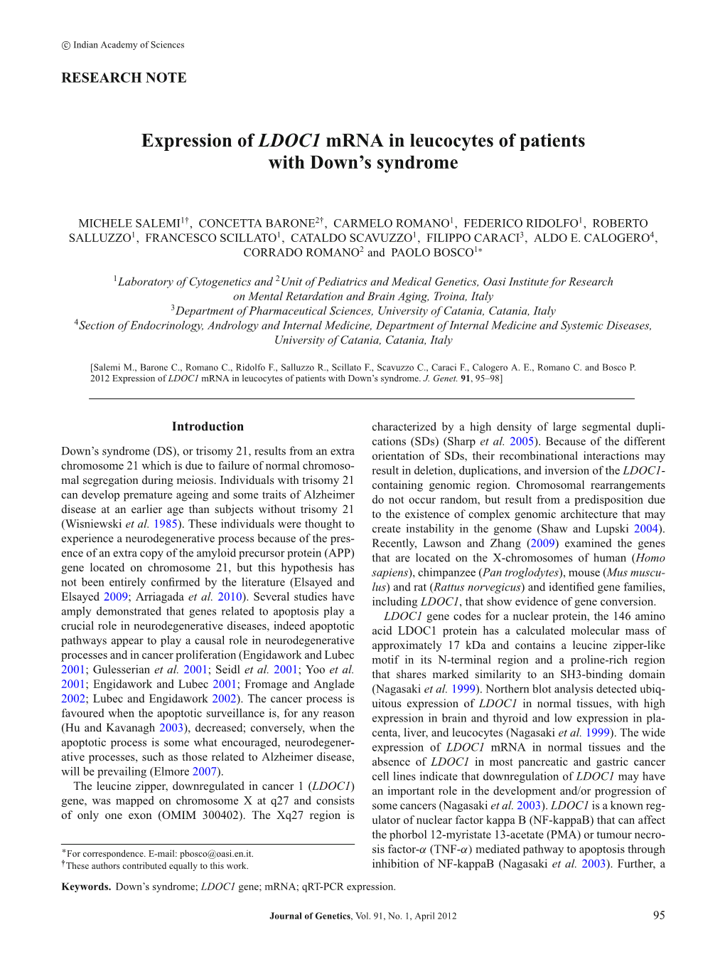 Expression of LDOC1 Mrna in Leucocytes of Patients with Down's