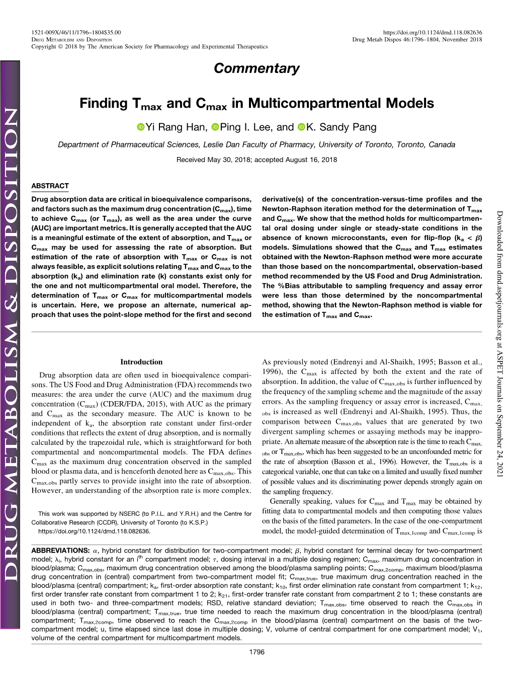 Finding Tmax and Cmax in Multicompartmental Models Yi Rang Han, Ping I