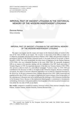 Imperial Past of Ancient Lithuania in the Historical Memory of the Modern Independent Lithuania*