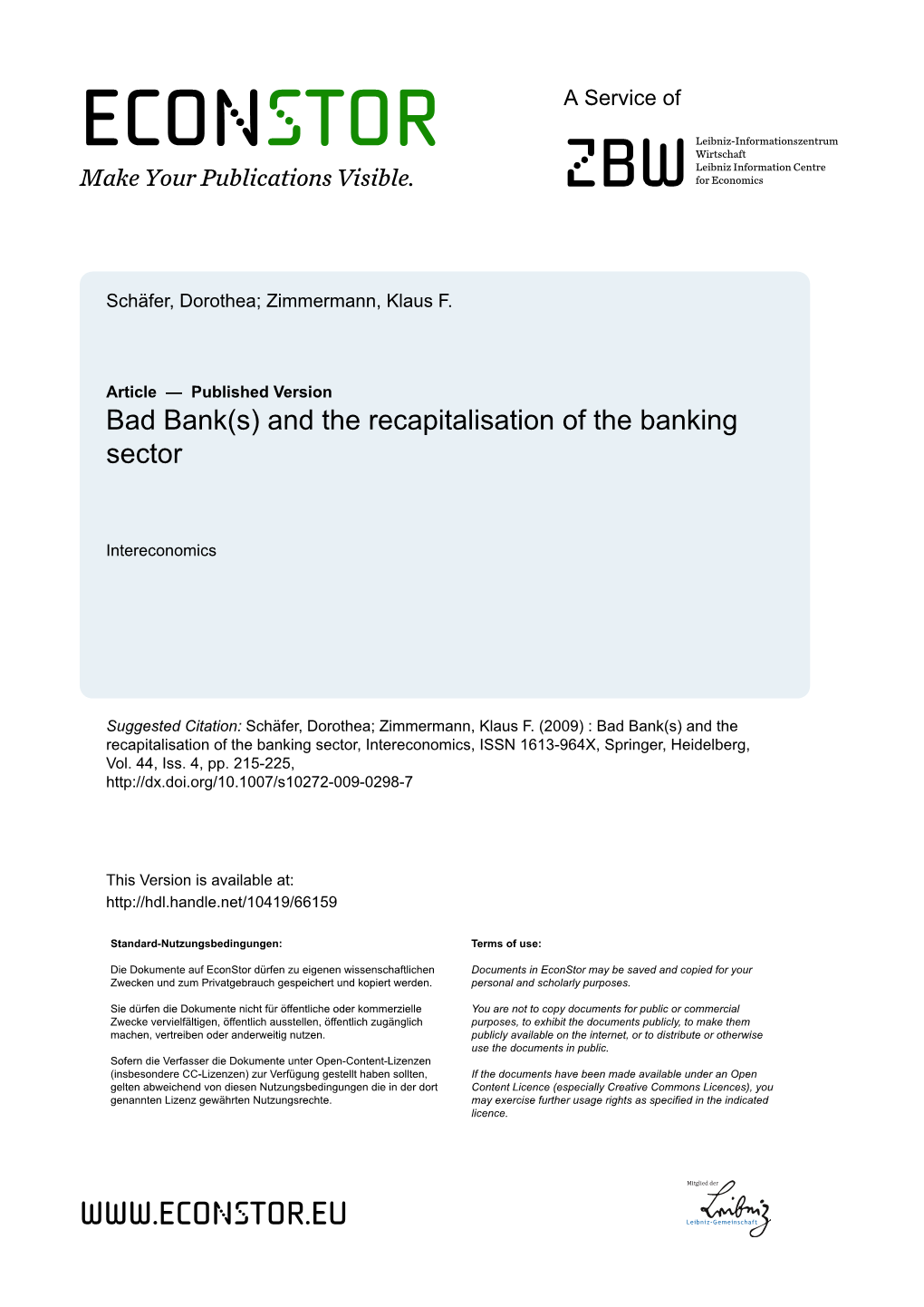 Bad Bank(S) and the Recapitalisation of the Banking Sector