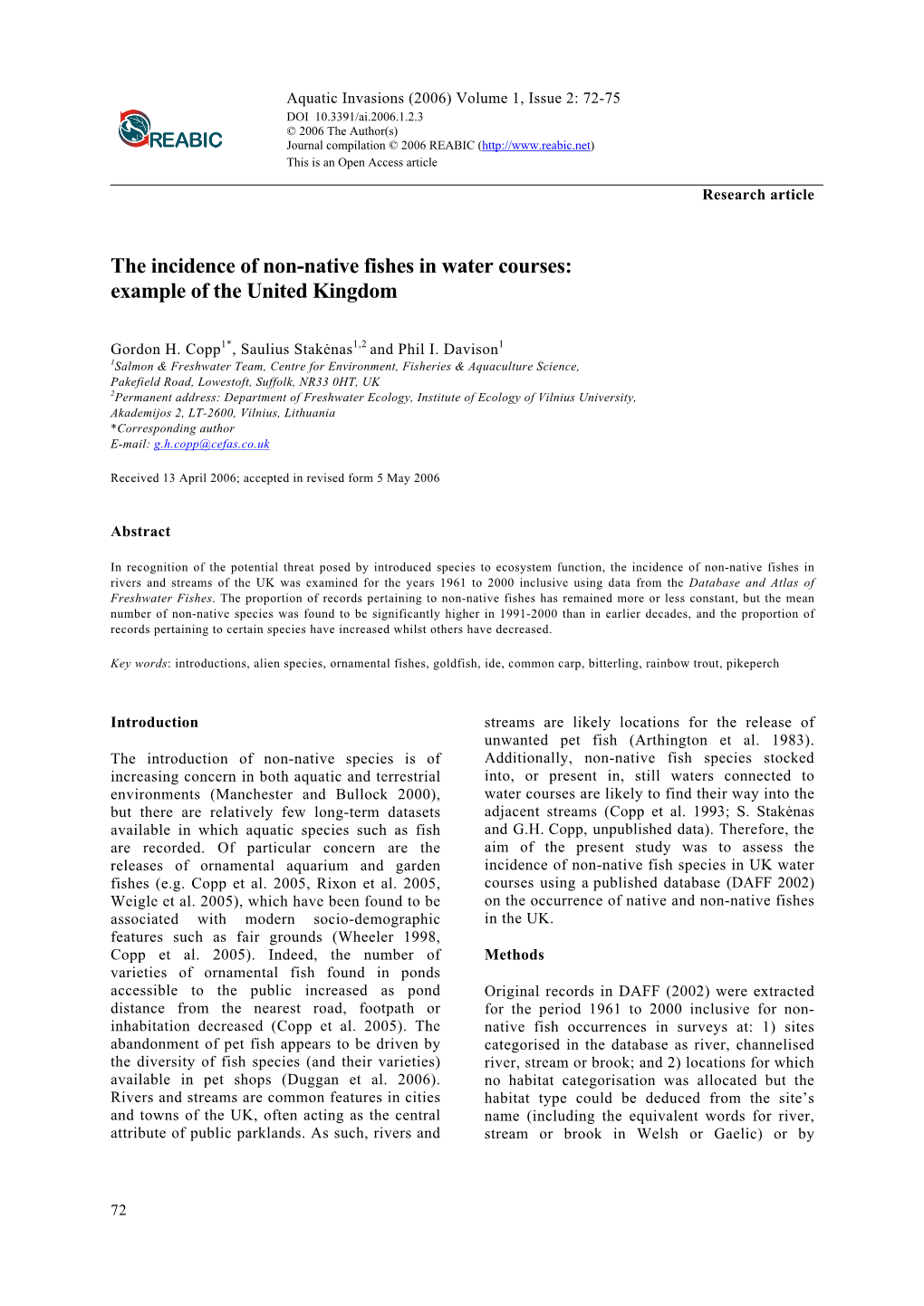 The Incidence of Non-Native Fishes in Water Courses: Example of the United Kingdom