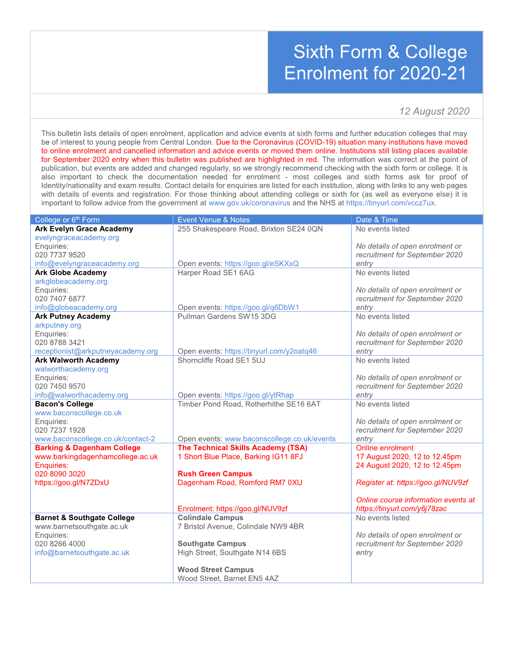 Sixth Form & College Enrolment for 2020-21