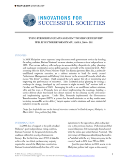 Tying Performance Management to Service Delivery: Public Sector Reform in Malaysia, 2009 – 2011