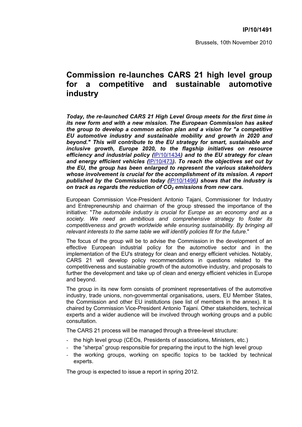 Commission Re-Launches CARS 21 High Level Group for a Competitive and Sustainable Automotive Industry