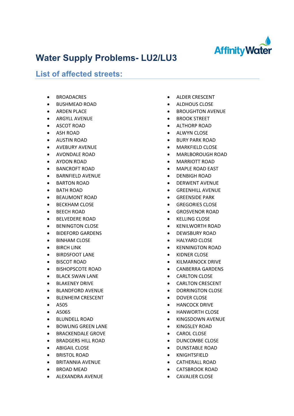 Water Supply Problems- LU2/LU3 List of Affected Streets