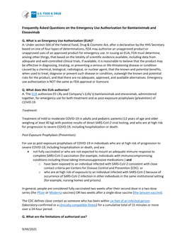 Frequently Asked Questions on the Emergency Use Authorization for Bamlanivimab and Etesevimab