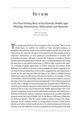 (German) Middle Ages: Philology, Hermeneutics, Medievalism, and Mysticism