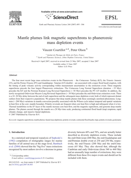 Mantle Plumes Link Magnetic Superchrons to Phanerozoic Mass Depletion Events ⁎ Vincent Courtillot A, , Peter Olson B