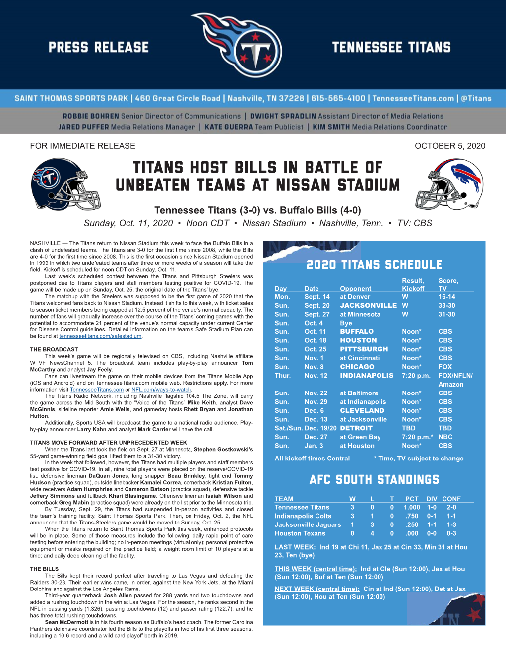 Titans Host Bills in Battle of Unbeaten Teams at Nissan Stadium