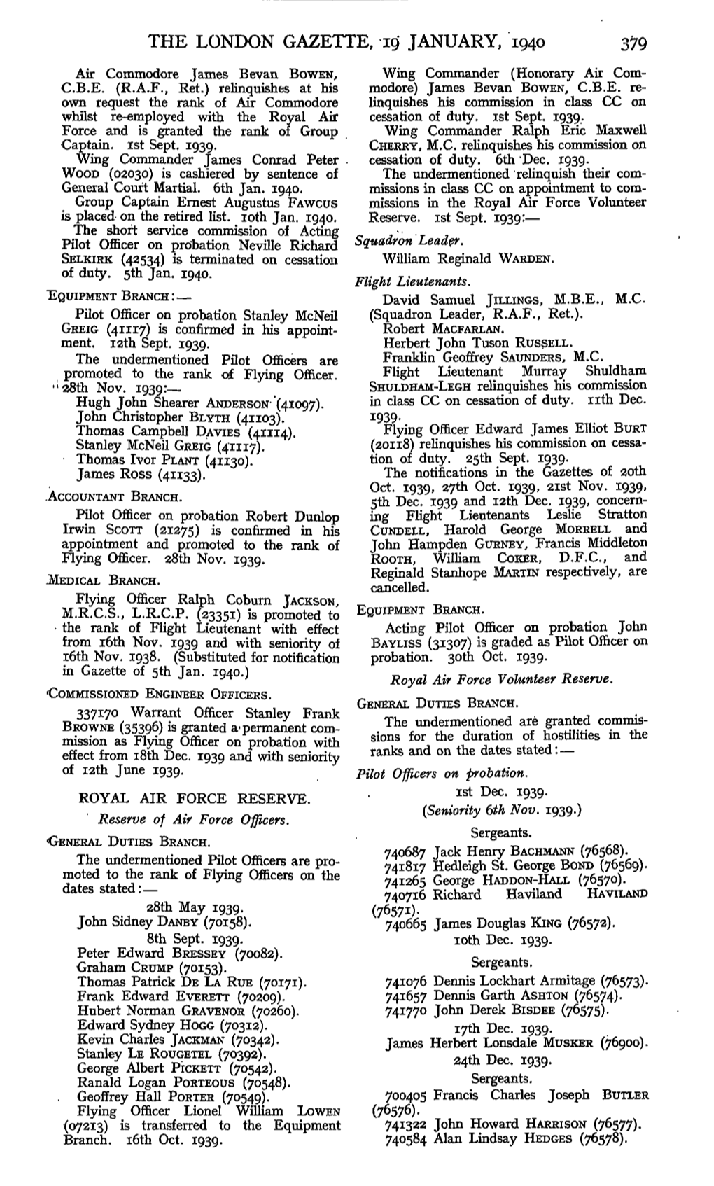 THE LONDON GAZETTE, 19 JANUARY, 1940 379 Air Commodore James Bevan BOWEN, Wing Commander (Honorary Air Com- C.B.E