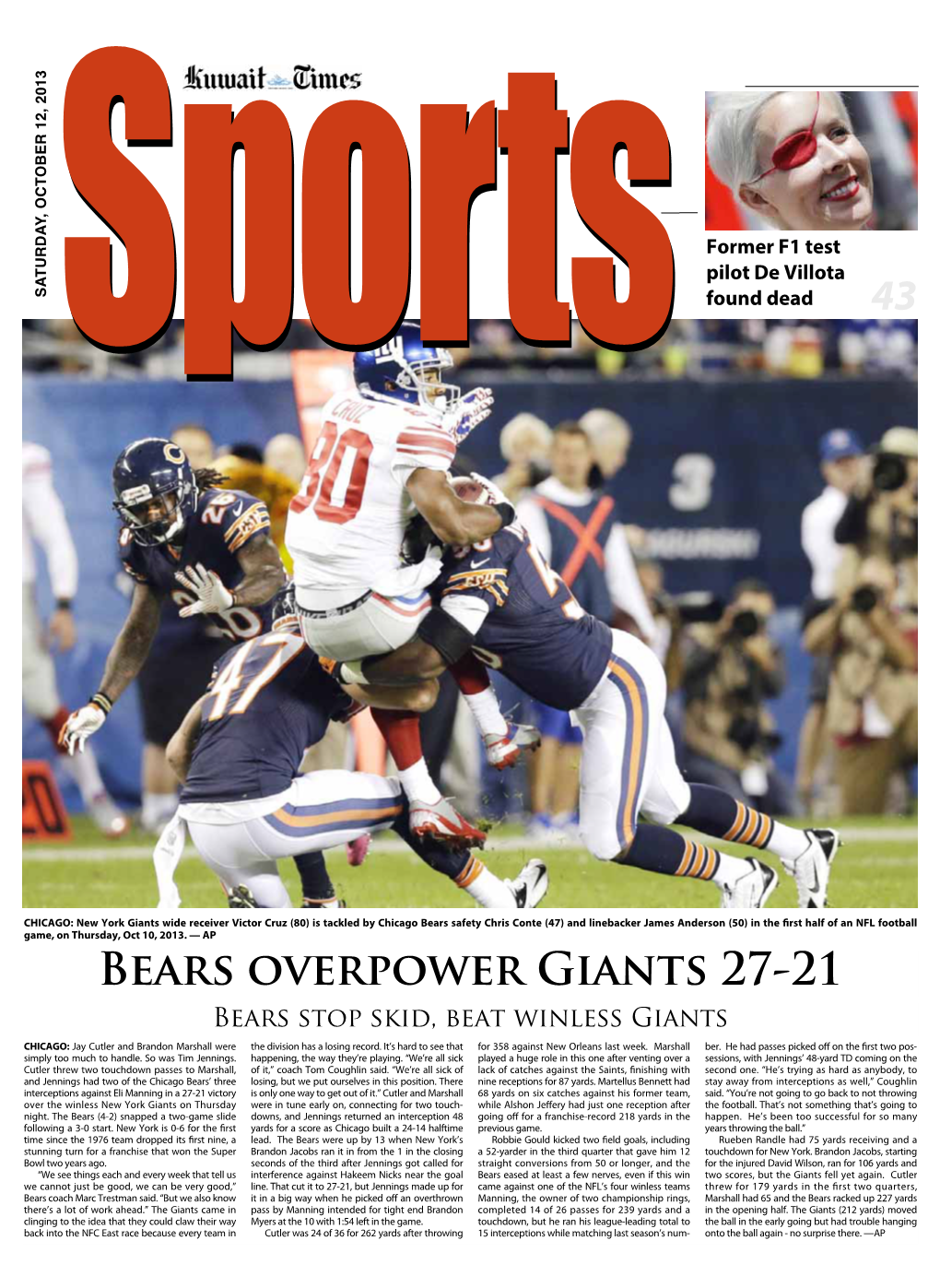 Bears Overpower Giants 27-21 Bears Stop Skid, Beat Winless Giants