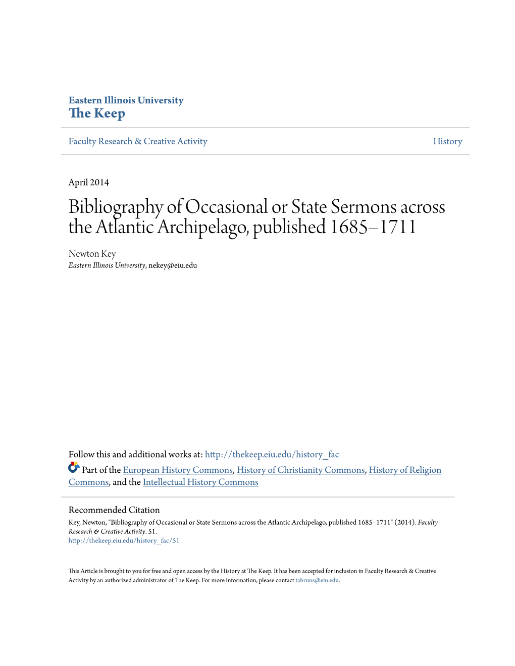 Bibliography of Occasional Or State Sermons Across the Atlantic Archipelago, Published 1685–1711 Newton Key Eastern Illinois University, Nekey@Eiu.Edu