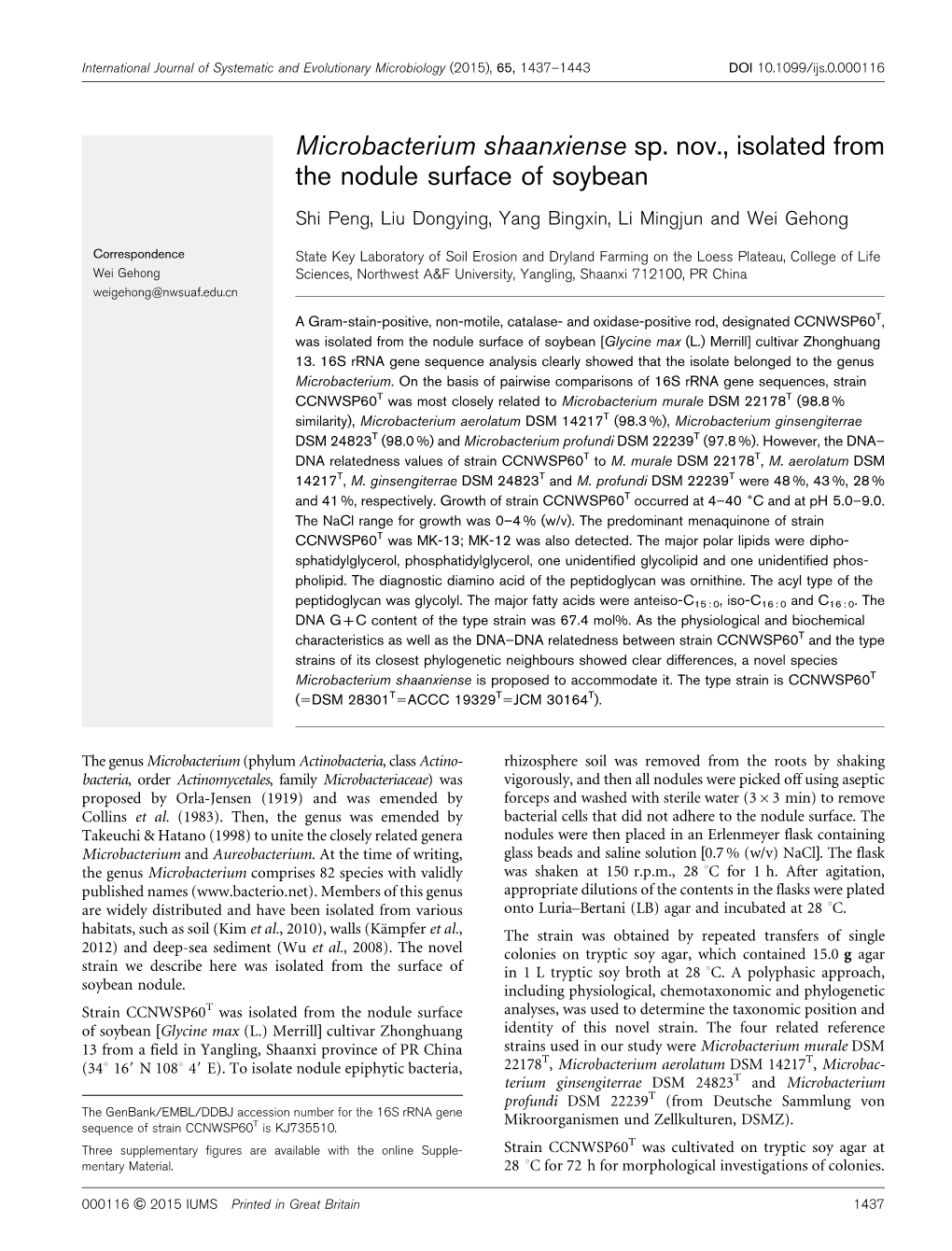 Microbacterium Shaanxiense Sp. Nov., Isolated from the Nodule Surface of Soybean