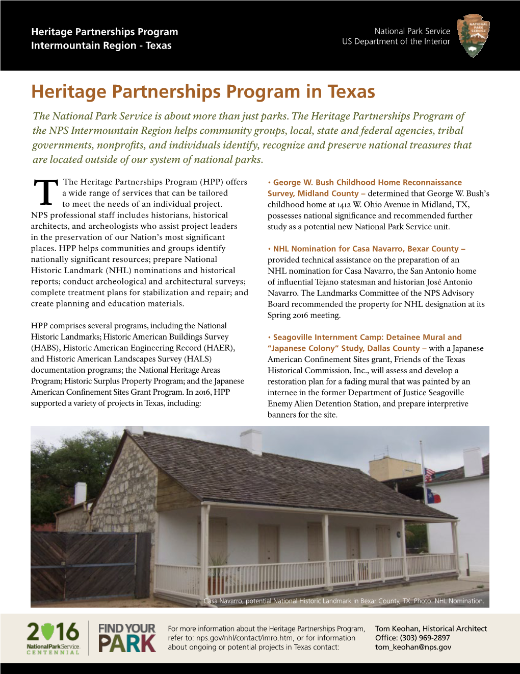 Heritage Partnerships Program in Texas the National Park Service Is About More Than Just Parks