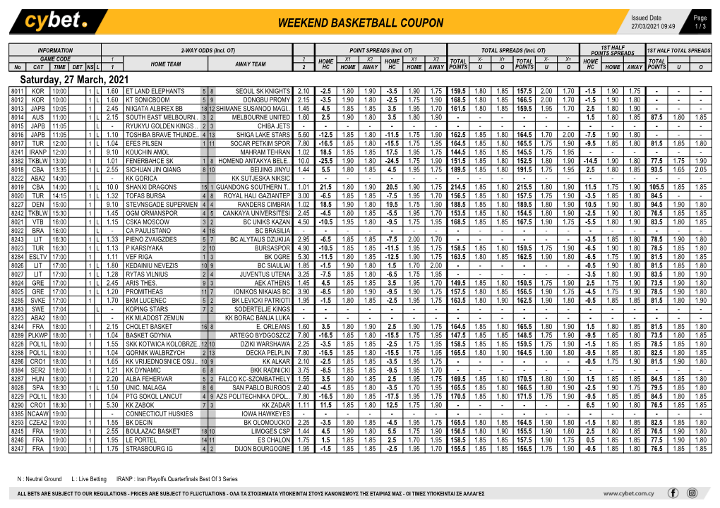 Weekend Basketball Coupon 27/03/2021 09:49 1 / 3