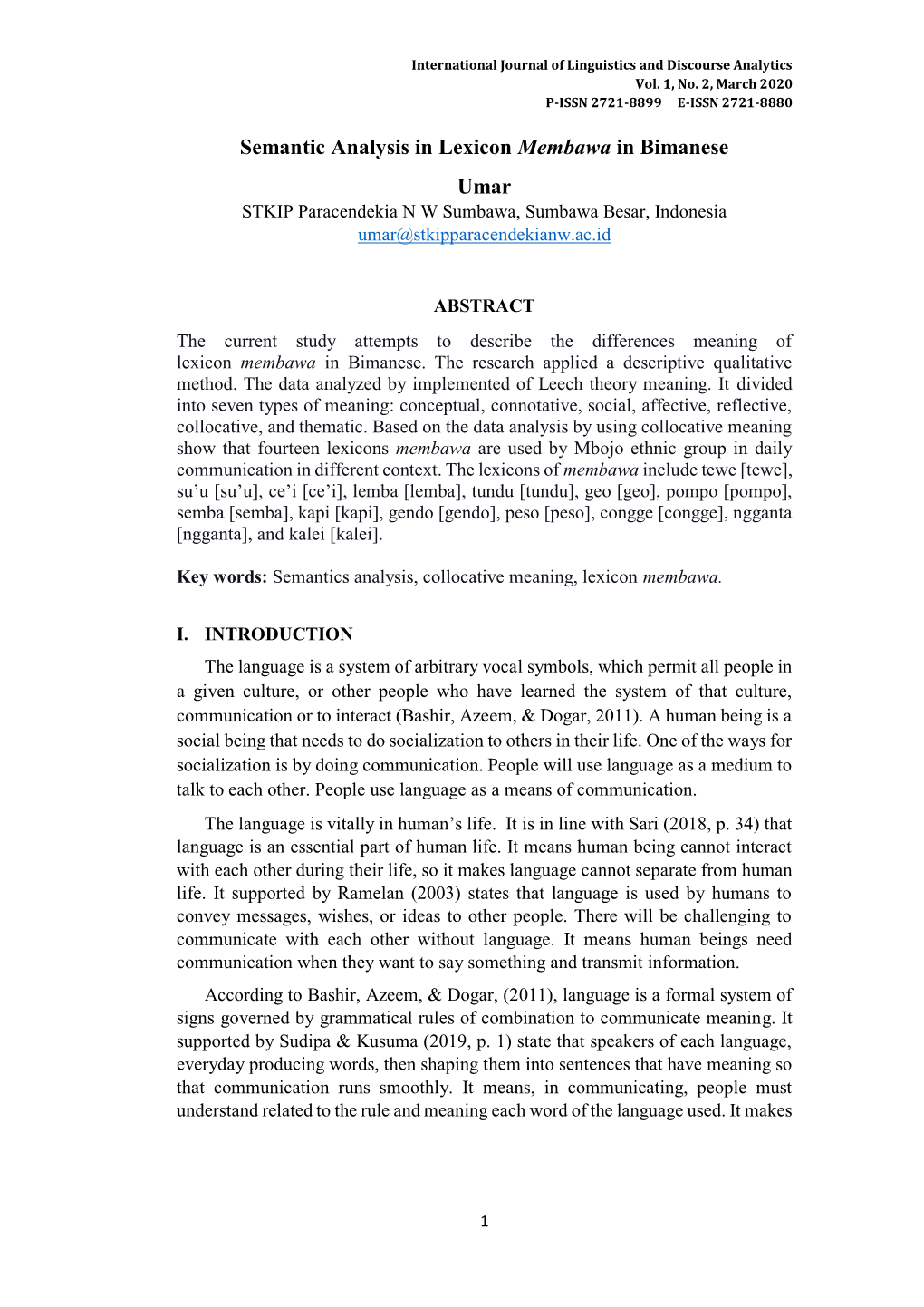 Semantic Analysis in Lexicon Membawa in Bimanese Umar