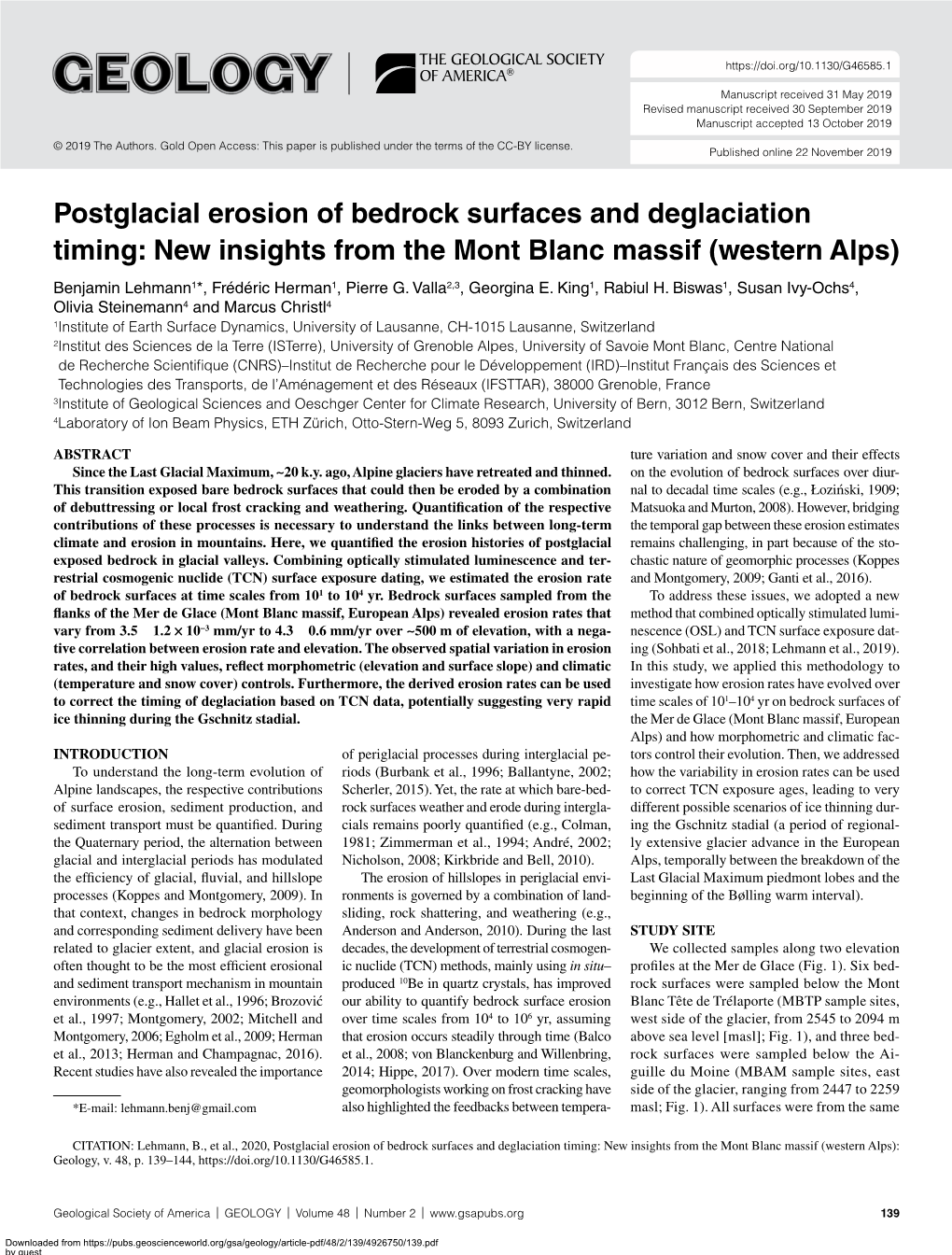 Postglacial Erosion of Bedrock Surfaces and Deglaciation Timing: New Insights from the Mont Blanc Massif (Western Alps) Benjamin Lehmann1*, Frédéric Herman1, Pierre G