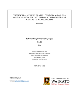 The New Zealand Exploration Company and Aroha Gold Mines Ltd: the Last Introduction of Overseas Capital to Waiorongomai
