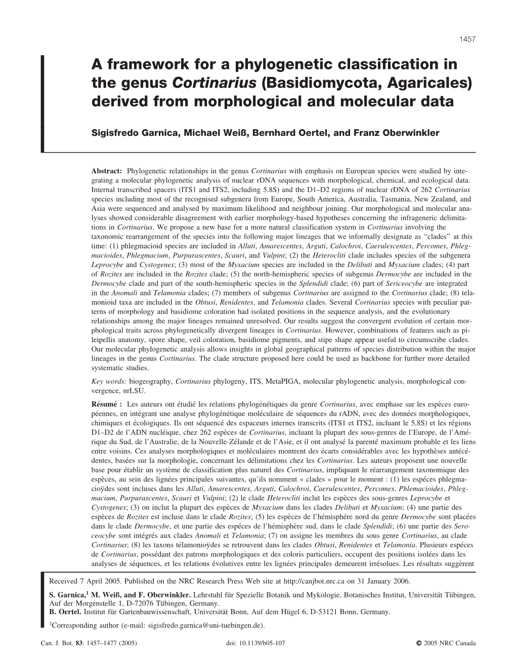 A Framework for a Phylogenetic Classification in the Genus Cortinarius (Basidiomycota, Agaricales) Derived from Morphological and Molecular Data