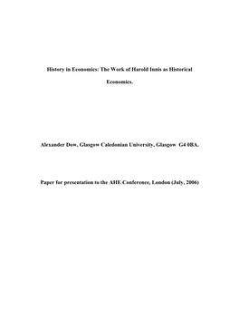 The Work of Harold Innis As Historical Economics Alexander
