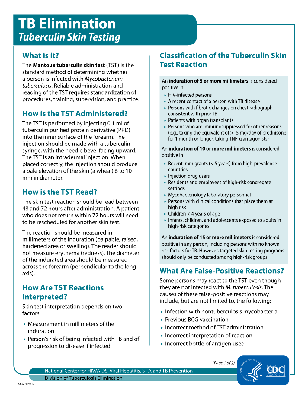 TB Elimination Tuberculin Skin Testing