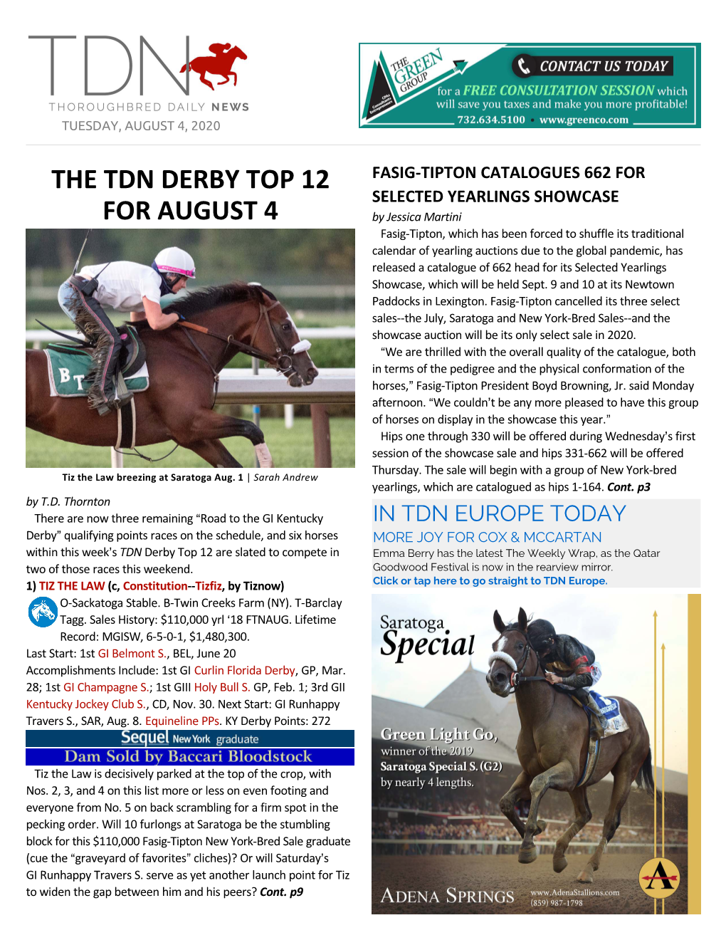 The Tdn Derby Top 12 for August 4