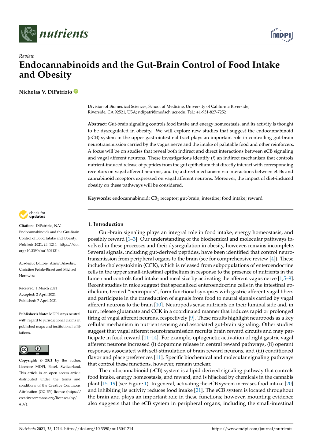 Endocannabinoids and the Gut-Brain Control of Food Intake and Obesity