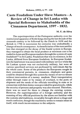 Caste Feudalism Under Slave Masters - a Review of Change in Sri Lanka with Special Reference to Mahabadda of the Cinnamon Department, 1597 -1832