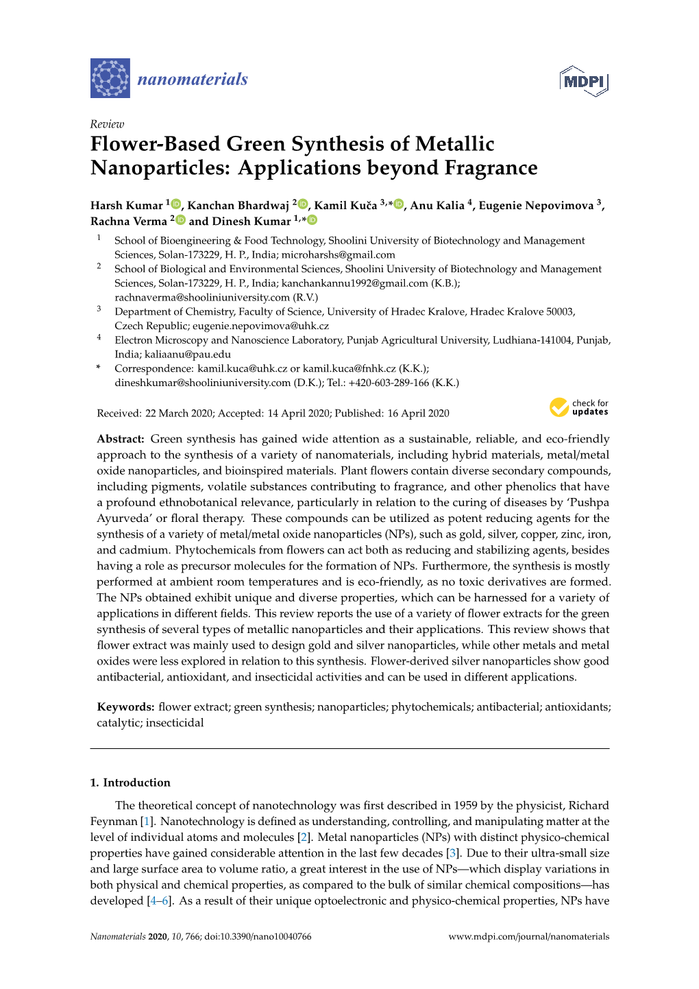 Flower-Based Green Synthesis of Metallic Nanoparticles: Applications Beyond Fragrance