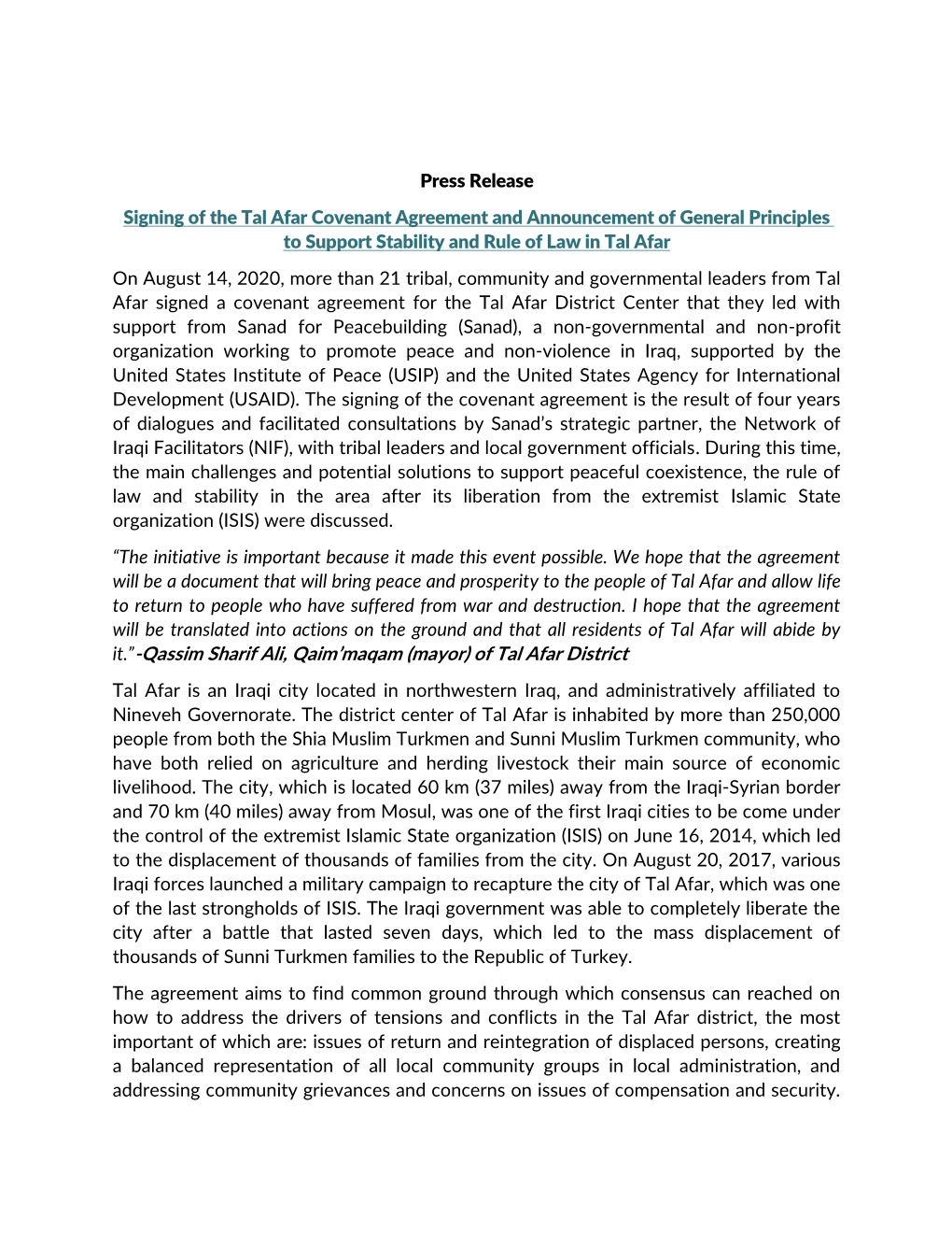 Press Release Signing of the Tal Afar Covenant Agreement and Announcement of General Principles Aw in Tal Afar Rule of L Tabilit