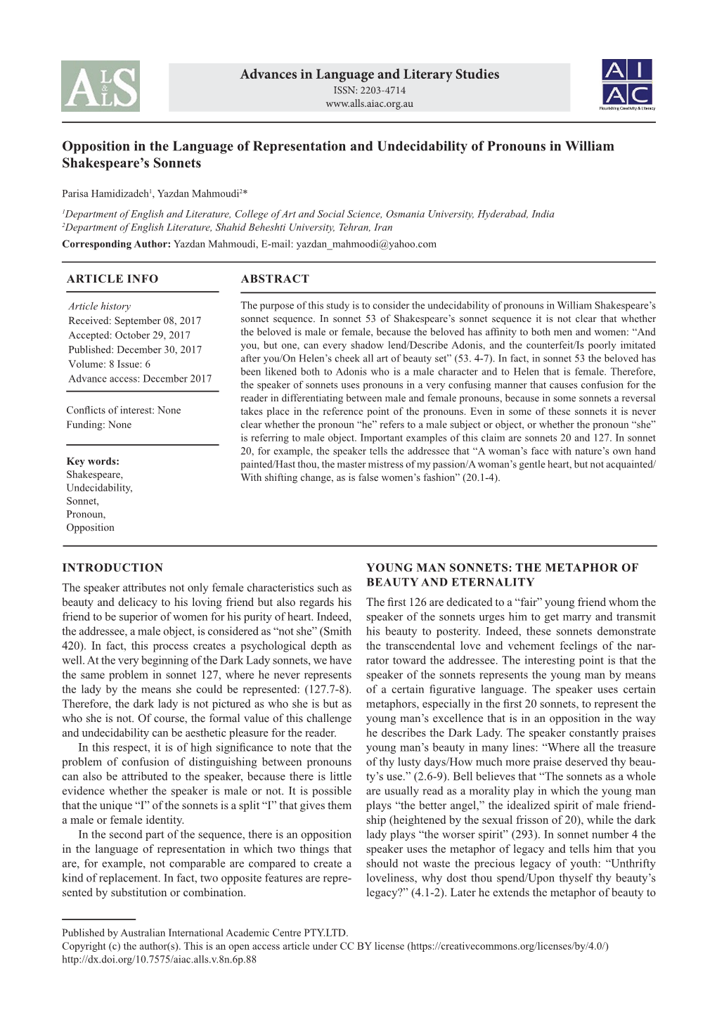 Opposition in the Language of Representation and Undecidability of Pronouns in William Shakespeare’S Sonnets