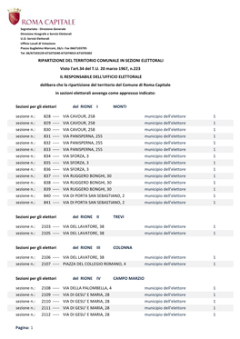 RIPARTIZIONE DEL TERRITORIO COMUNALE in SEZIONI ELETTORALI Visto L'art.34 Del T.U