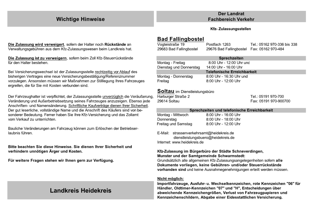 Landkreis Heidekreis Abweichende Kennzeichengrößen, Verlust Von Fahrzeugpapieren Und Kennzeichenschildern, Abgabe Einer Eidesstattlichen Versicherung