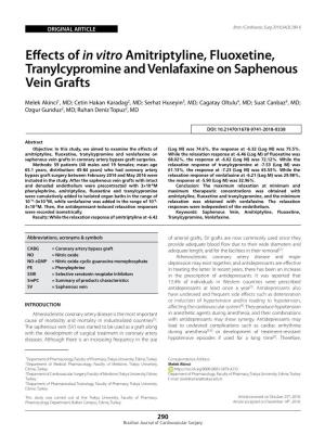 Effects of in Vitro Amitriptyline, Fluoxetine, Tranylcypromine and Venlafaxine on Saphenous Vein Grafts
