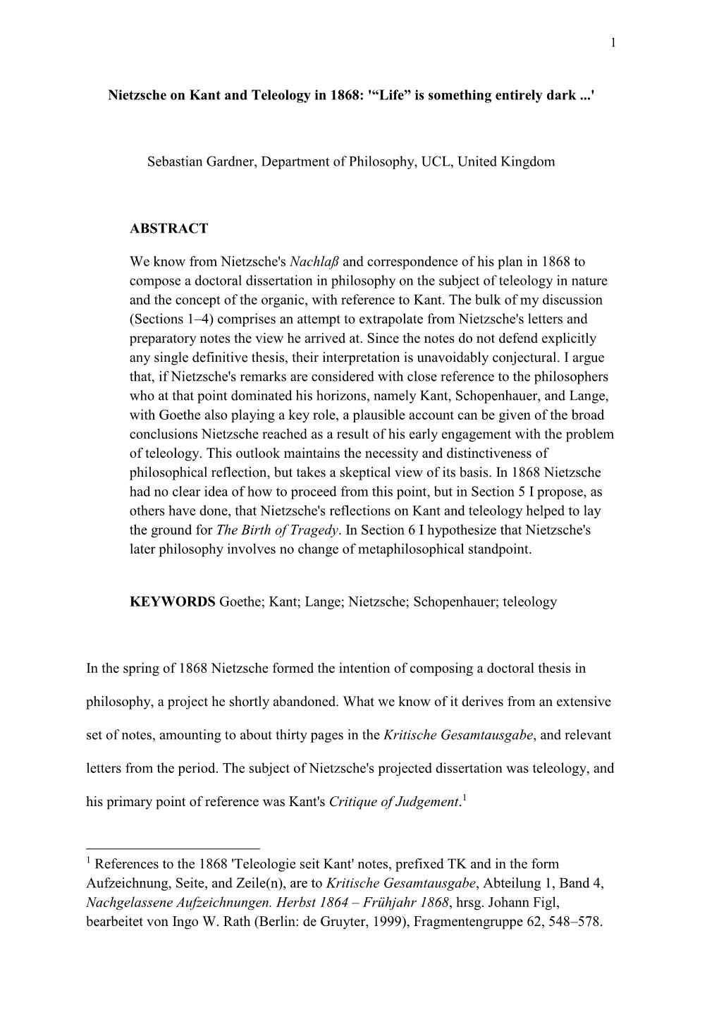 Nietzsche on Kant and Teleology in 1868: '“Life” Is Something Entirely Dark ...'