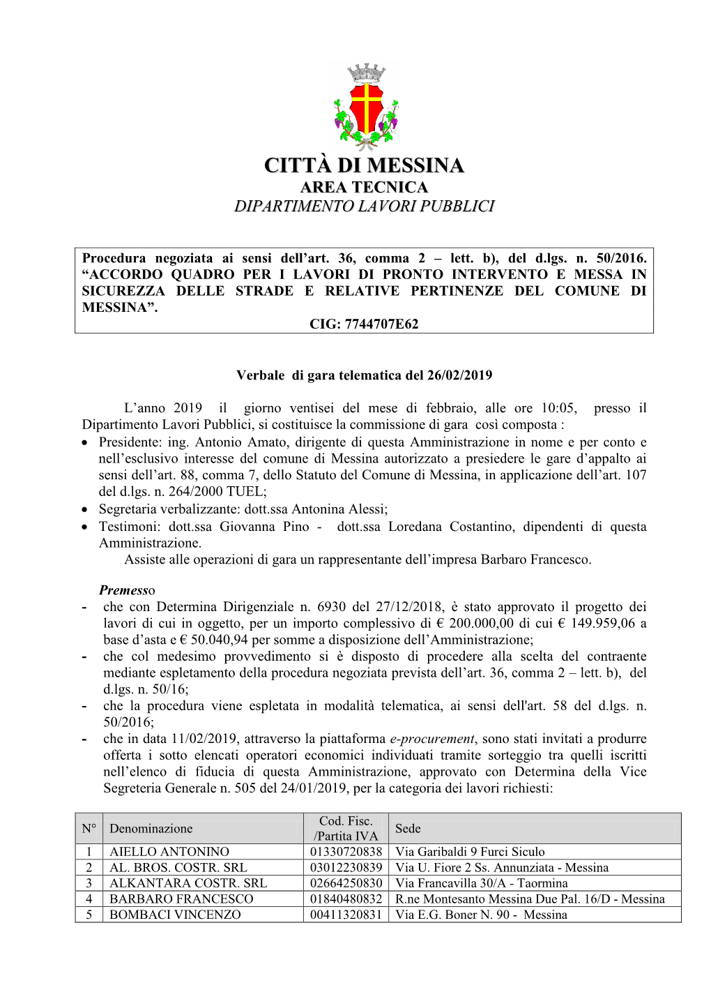 Città Di Messina Area Tecnica Dipartimento Lavori Pubblici
