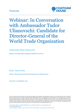 Webinar: in Conversation with Ambassador Tudor Ulianovschi: Candidate for Director-General of the World Trade Organization