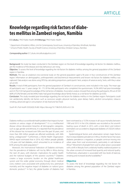 Knowledge Regarding Risk Factors of Diabe- Tes Mellitus in Zambezi Region, Namibia