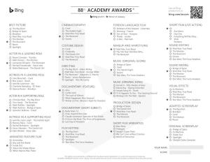 88 ACADEMY AWARDS Predictions At: Bing.Com/Oscars Winner of Category