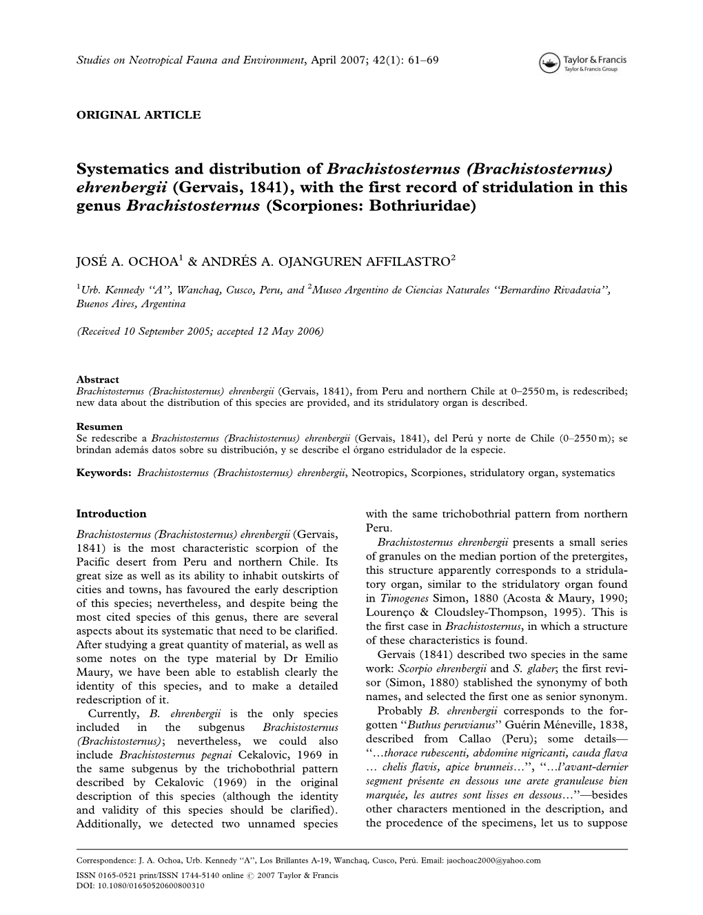 Brachistosternus) Ehrenbergii (Gervais, 1841), with the First Record of Stridulation in This Genus Brachistosternus (Scorpiones: Bothriuridae