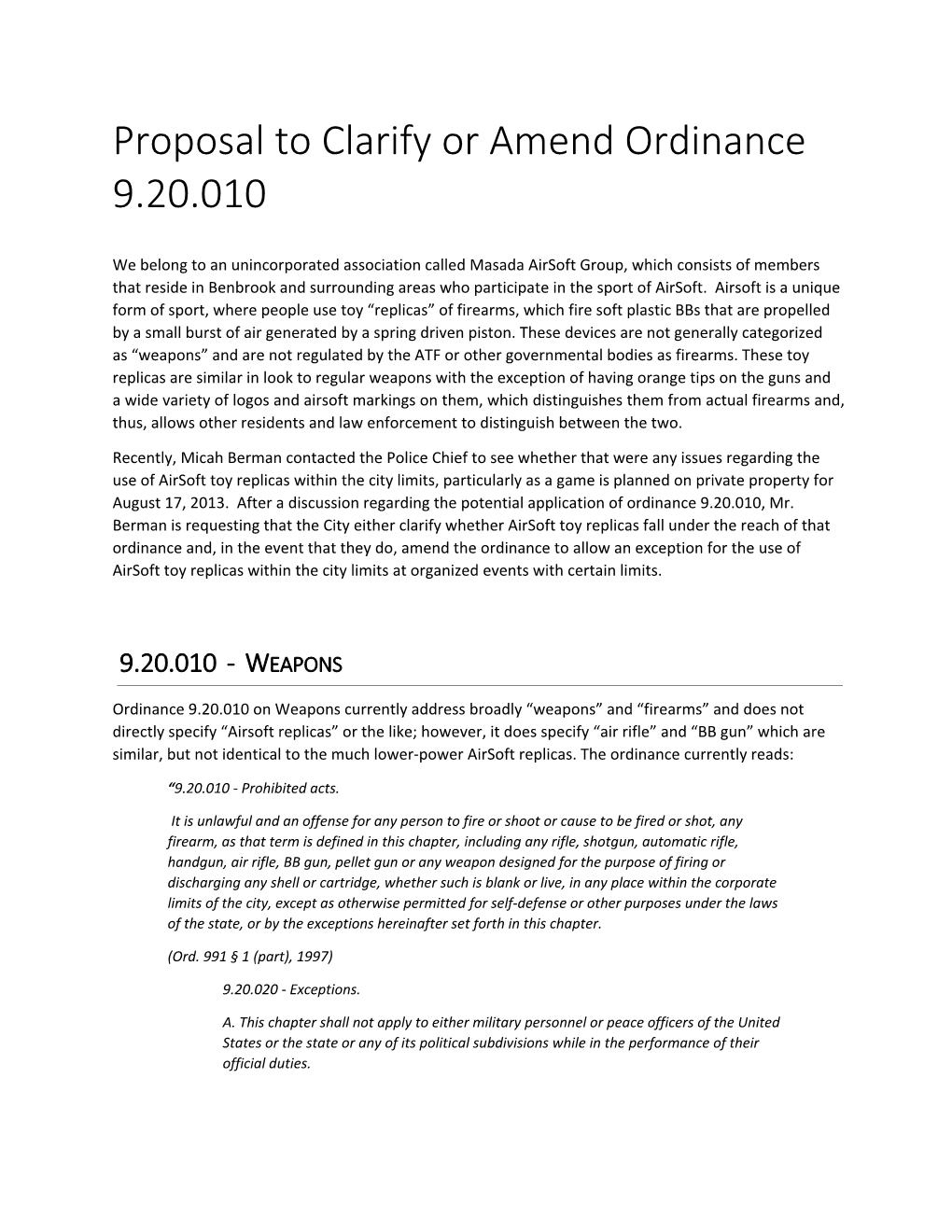 Proposal to Clarify Or Amend Ordinance 9.20.010