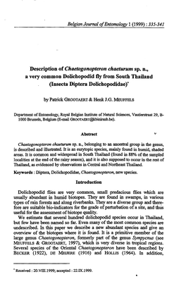 Description of Chaetogonopteron Chaeturum Sp. N., a Very Common Dolichopodid Fly from South Thailand (Insecta Diptera Dolichopodidae)*