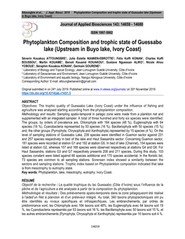 Phytoplankton Composition and Trophic State of Guessabo Lake (Upstream in Buyo Lake, Ivory Coast)