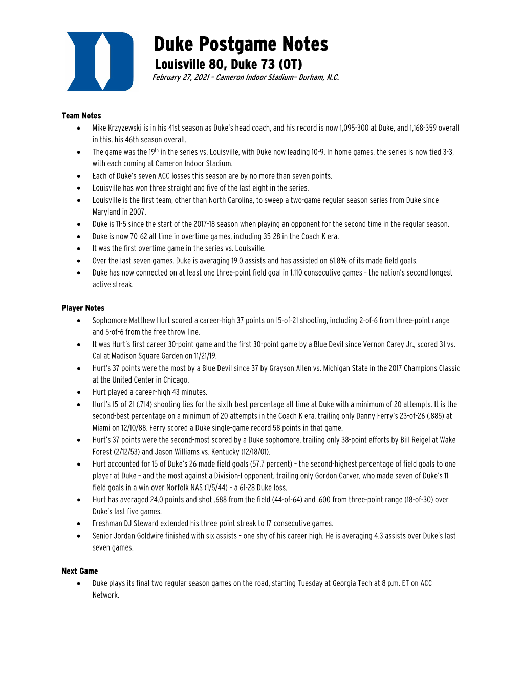 Duke Postgame Notes Louisville 80, Duke 73 (OT) February 27, 2021 – Cameron Indoor Stadium– Durham, N.C