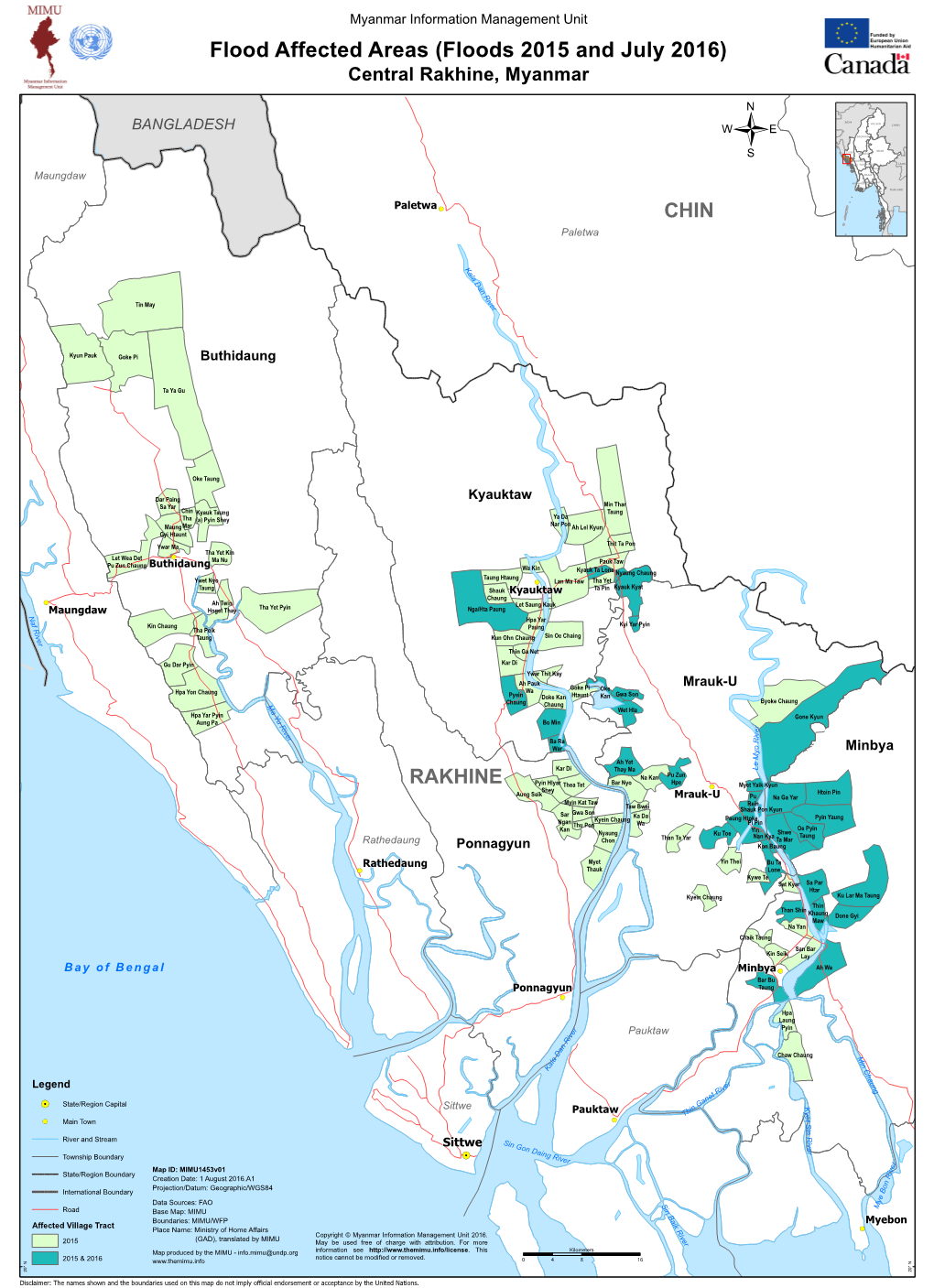 Flood Affected Areas (Floods 2015 and July 2016) Central Rakhine, Myanmar