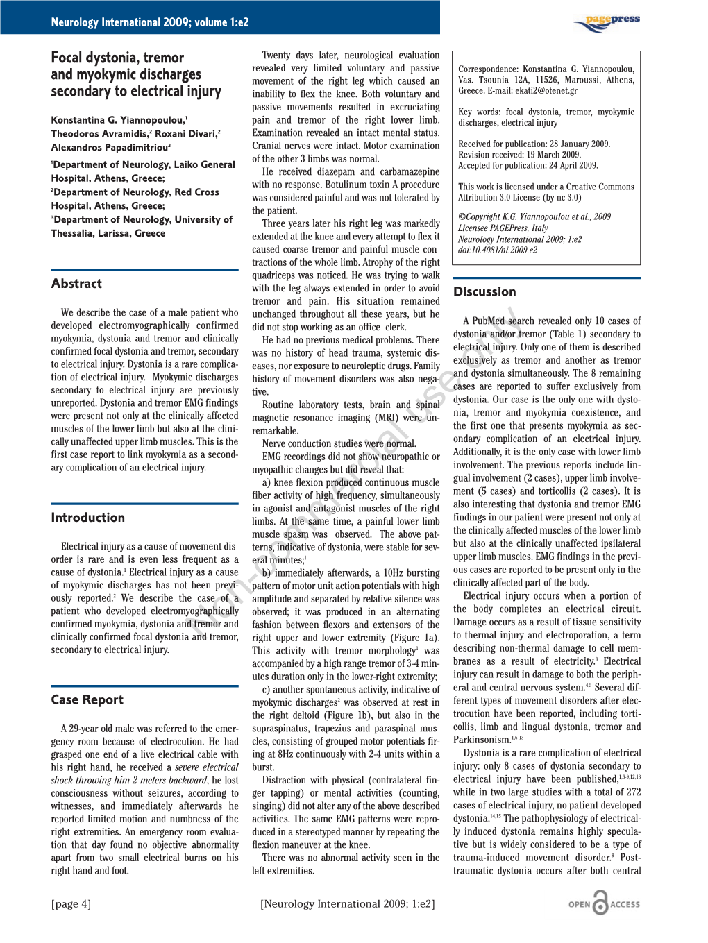 Focal Dystonia, Tremor and Myokymic Discharges Secondary to Electrical