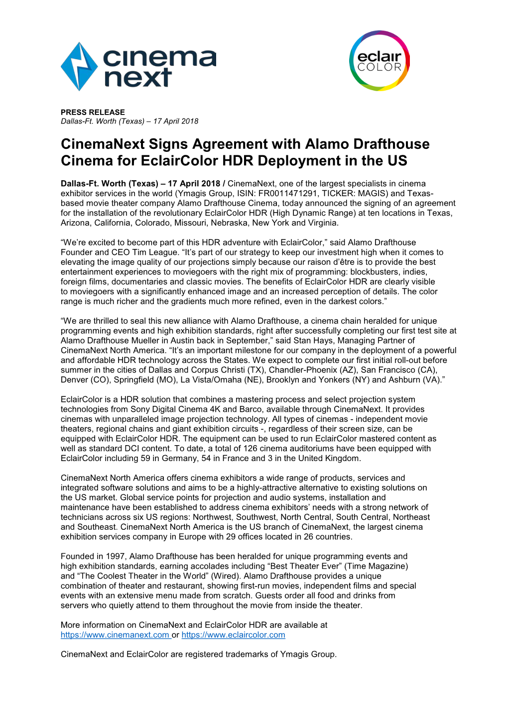 Cinemanext Signs Agreement with Alamo Drafthouse Cinema for Eclaircolor HDR Deployment in the US